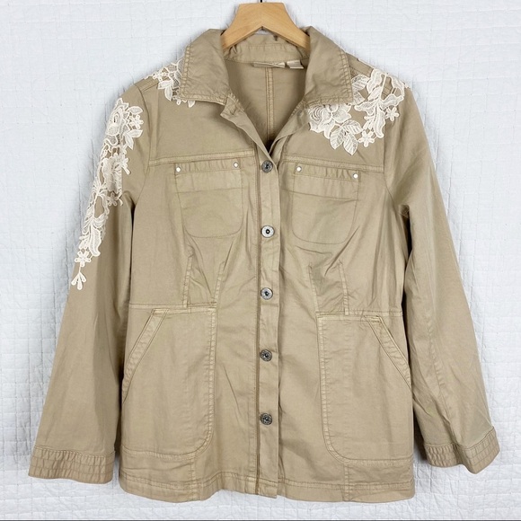 Chico’s Tan w/ White Appliqué Button-Up Jacket XS - Picture 1 of 8